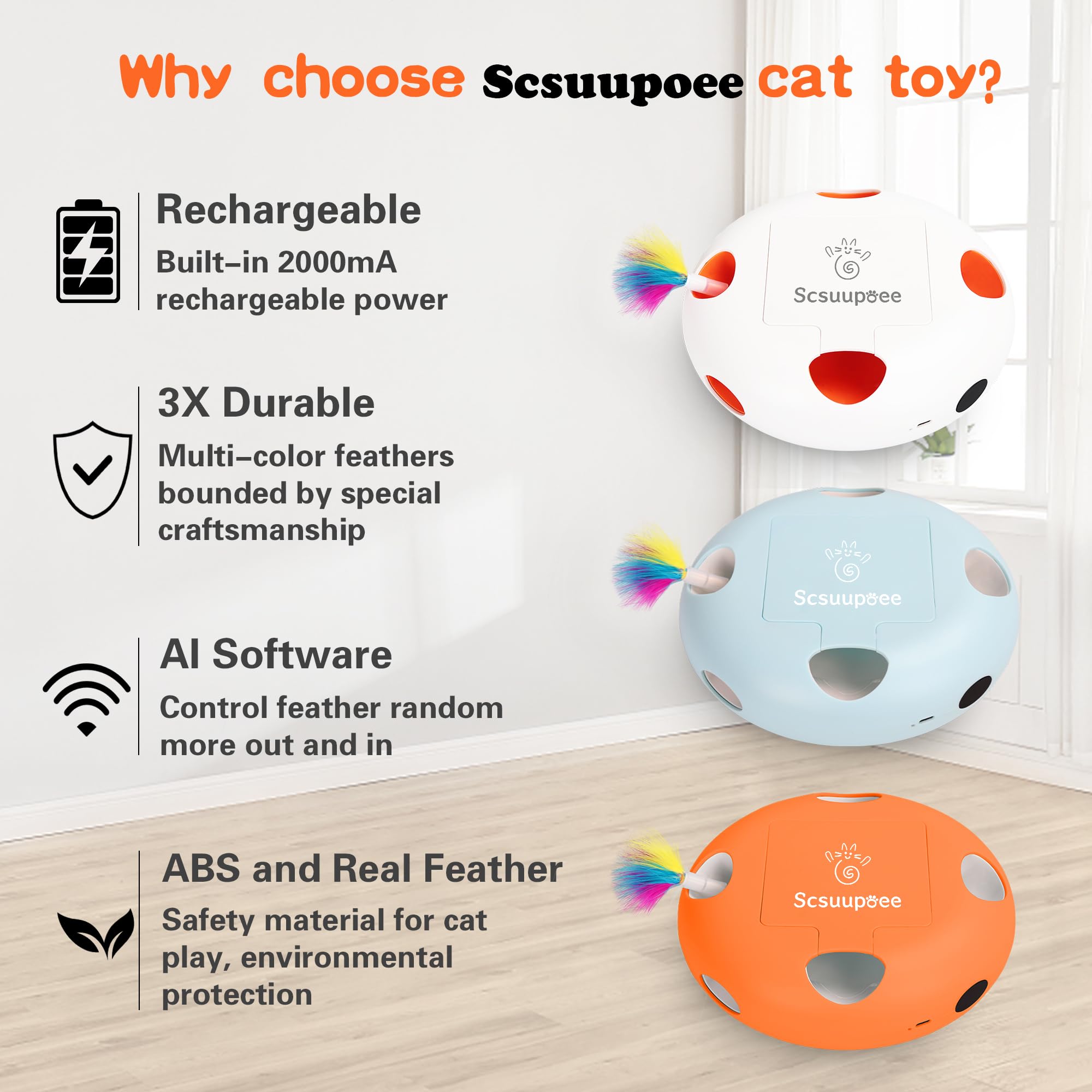 Scsuupoee cat toys type-c-charging long battery life for extended indoor fun