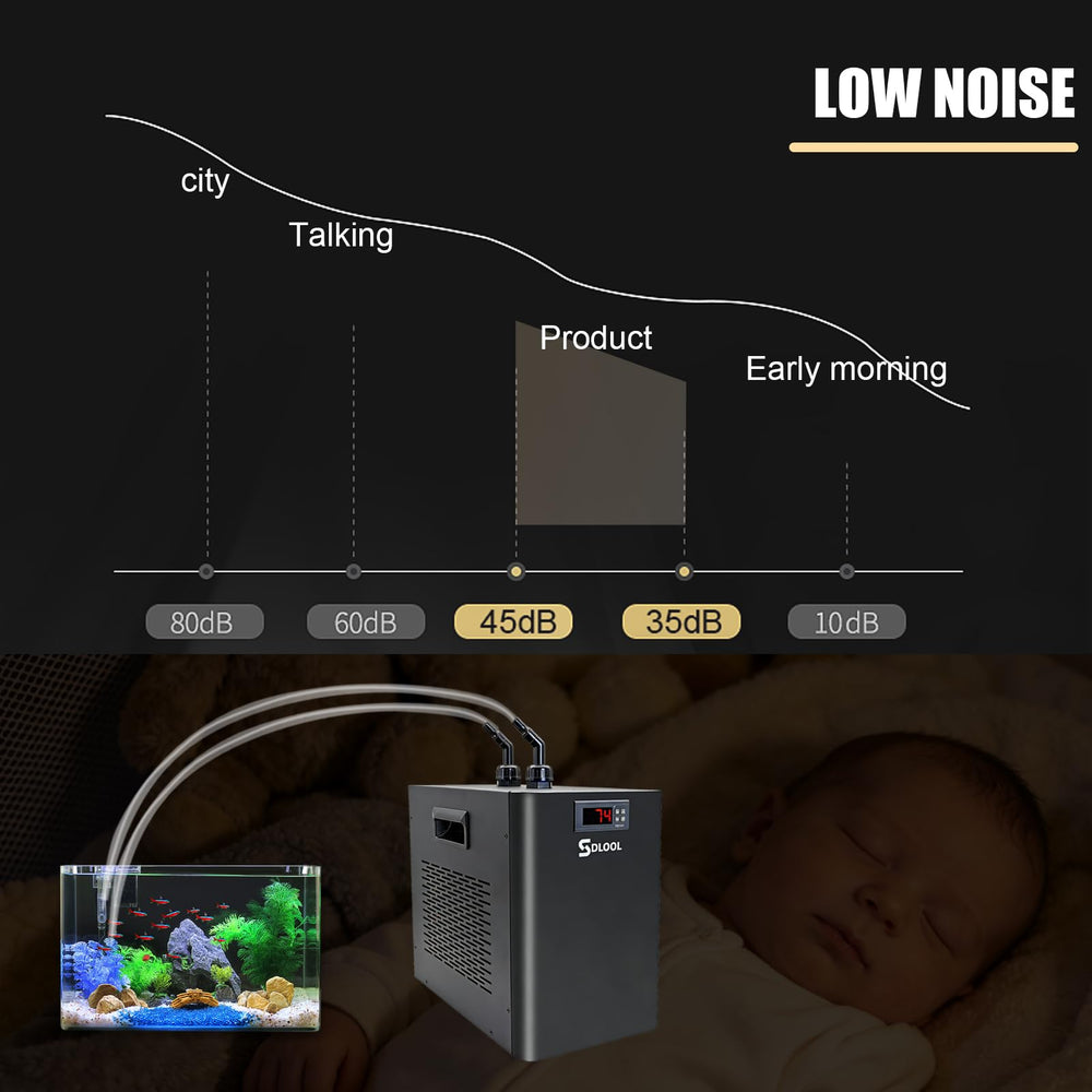 SDLOOL aquarium chiller side view highlights a space-efficient design for home aquariums.