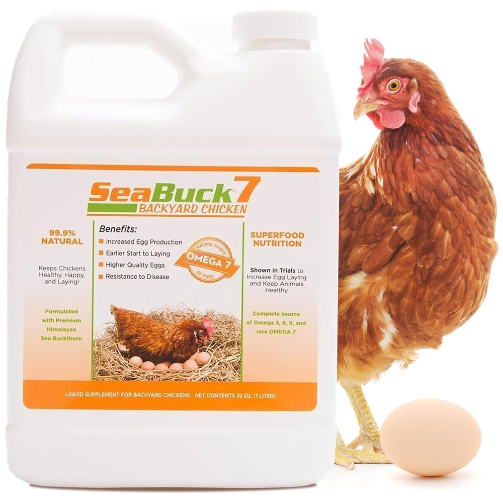 SEABUCK7 chicken supplement packaging on a wooden table, a natural feed additive to support egg production.