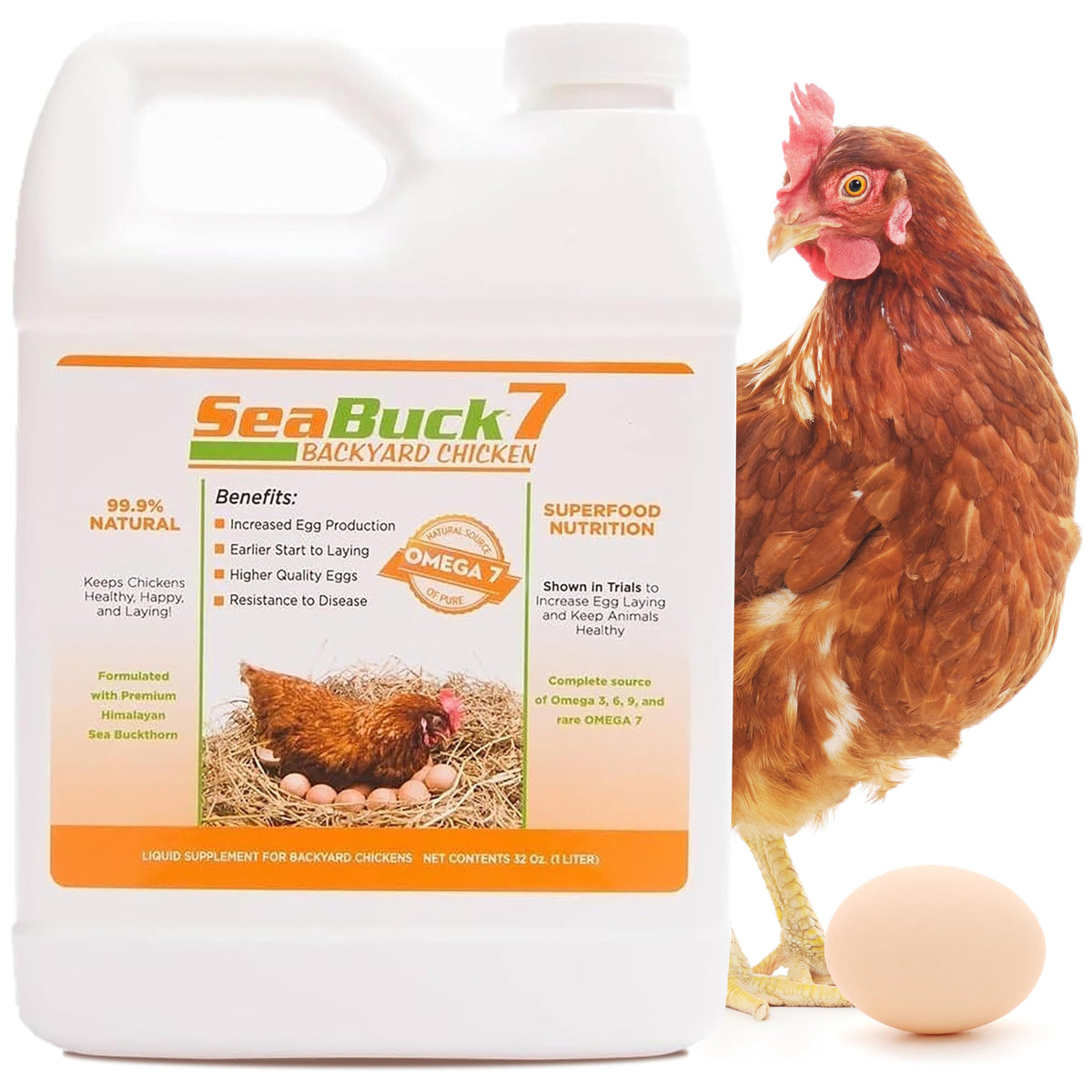 SEABUCK7 chicken supplement packaging on a wooden table, a natural feed additive to support egg production.