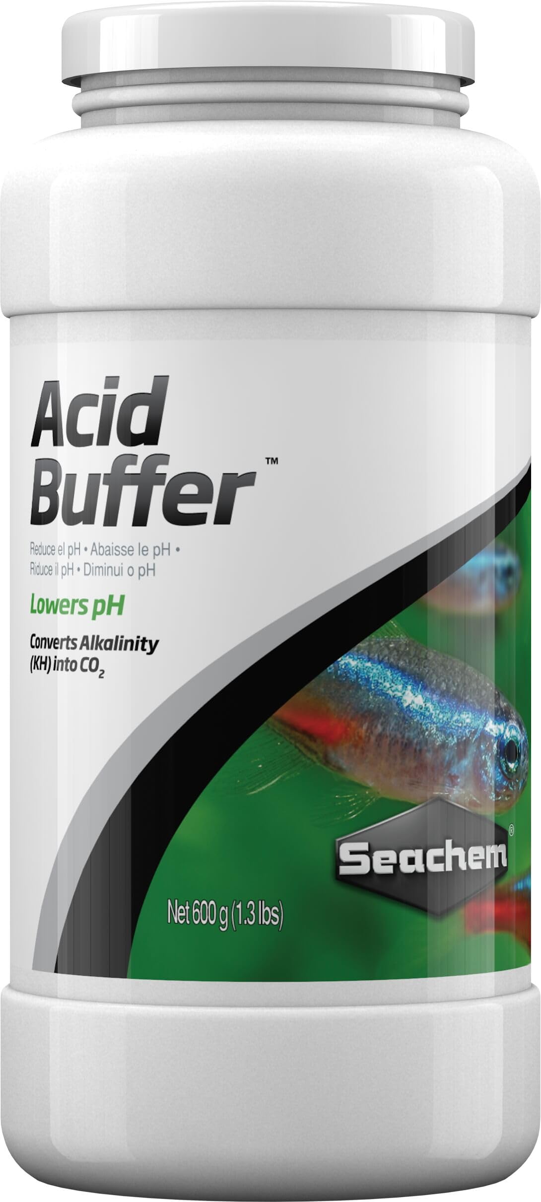 Seachem Acid Buffer bottle labeled for pH 5.0–8.0 in planted tanks.