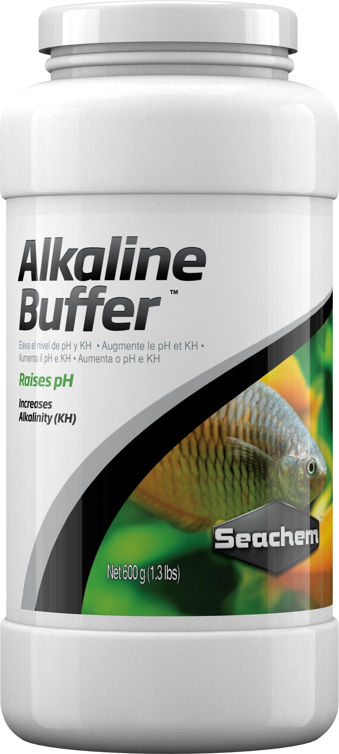 Seachem Alkaline Buffer 600g bottle with label showing pH and KH support