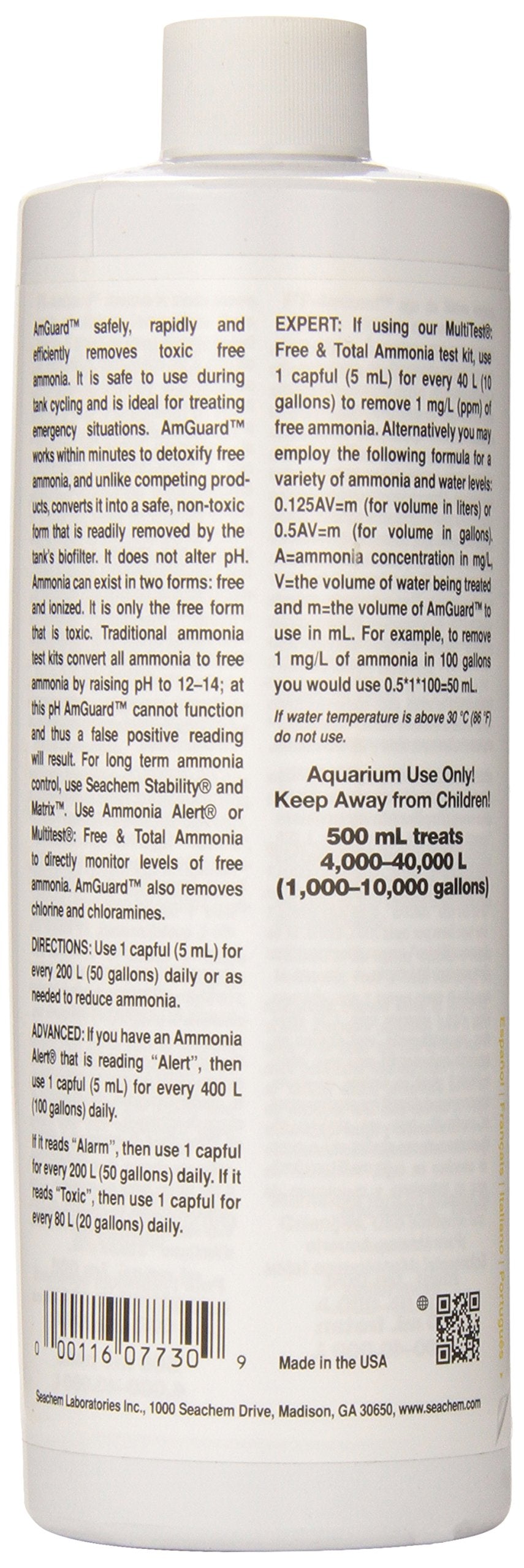 Seachem AmGuard 500ml being poured for quick ammonia binding during emergencies.