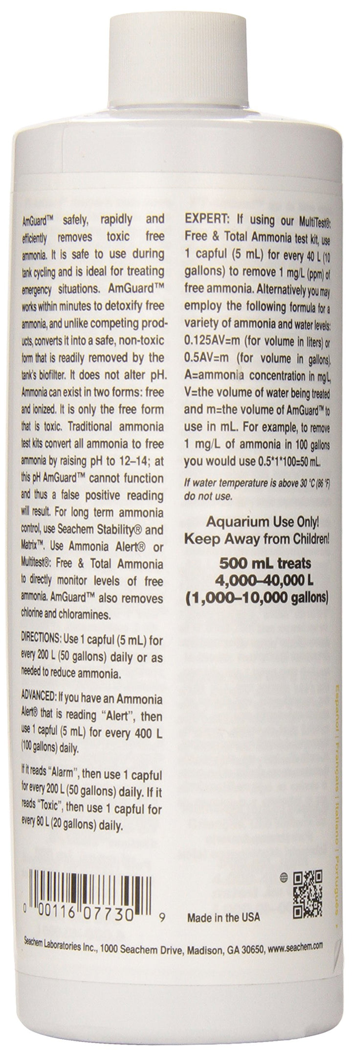 Seachem AmGuard 500ml being poured for quick ammonia binding during emergencies.