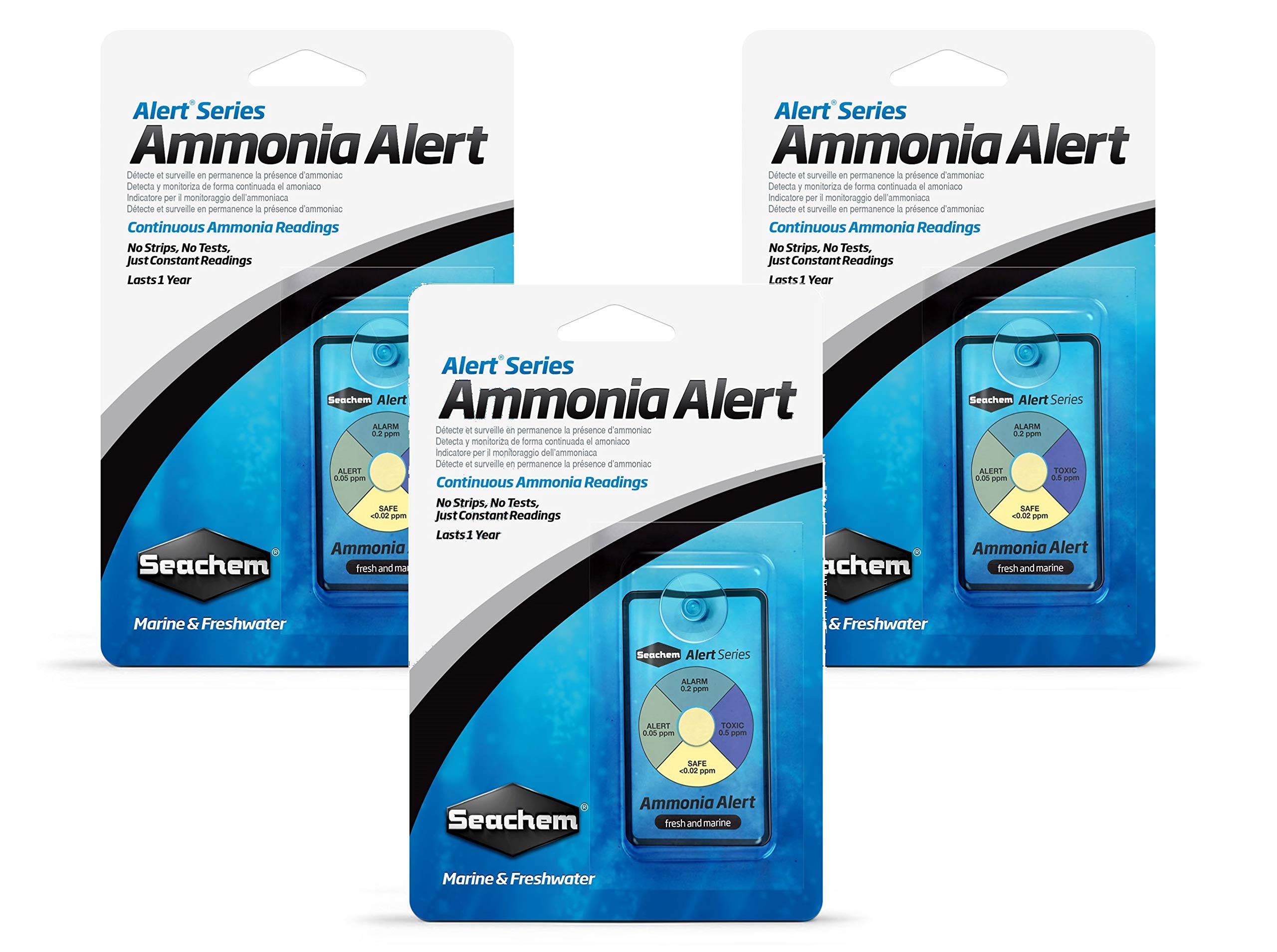 Seachem Ammonia Alert 1 Year Monitor 3-Pack displays continuous readings for safer aquarium management.