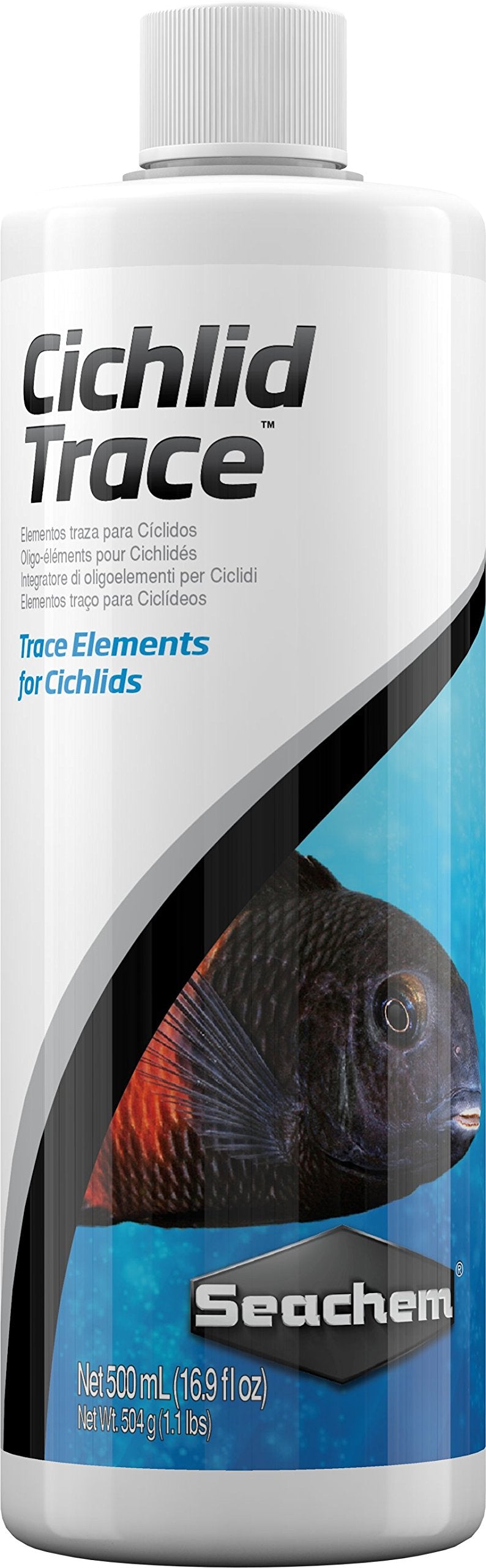 Seachem Cichlid Trace bottle for easy dosing to support balanced aquariums.