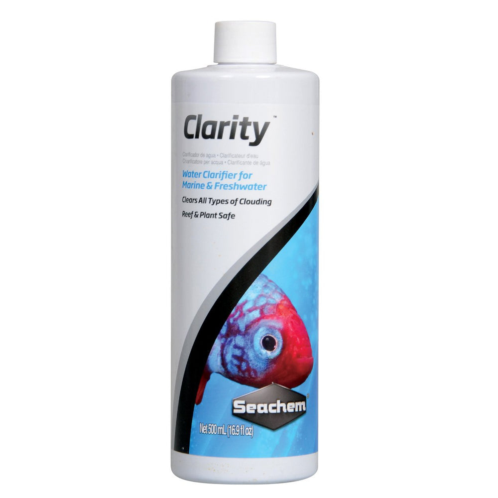 Seachem Clarity aquarium clarifier bottle for freshwater and marine tanks, reducing cloudiness.