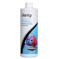 Seachem Clarity aquarium clarifier bottle for freshwater and marine tanks, reducing cloudiness.