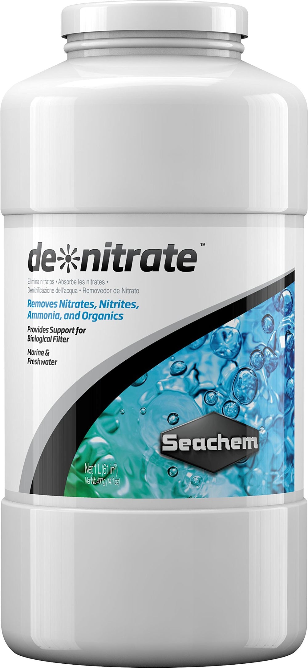 Seachem Denitrate 1L package showing porous filtration media for nitrate control in aquariums.