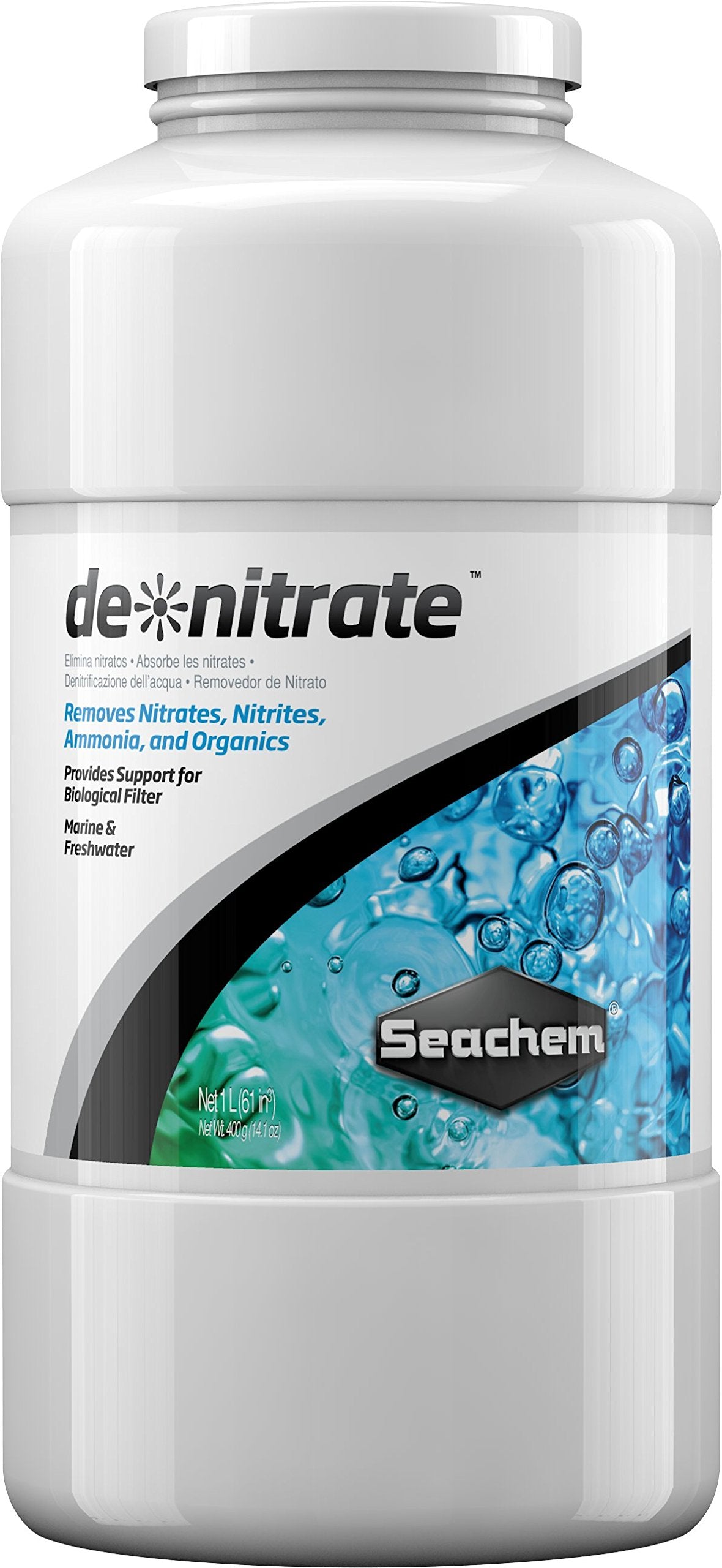 Seachem Denitrate 1L package showing porous filtration media for nitrate control in aquariums.