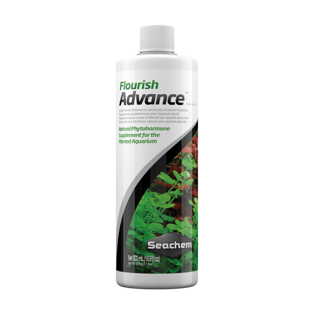 Seachem Flourish Advance bottle pour supports robust root and shoot growth in aquariums.