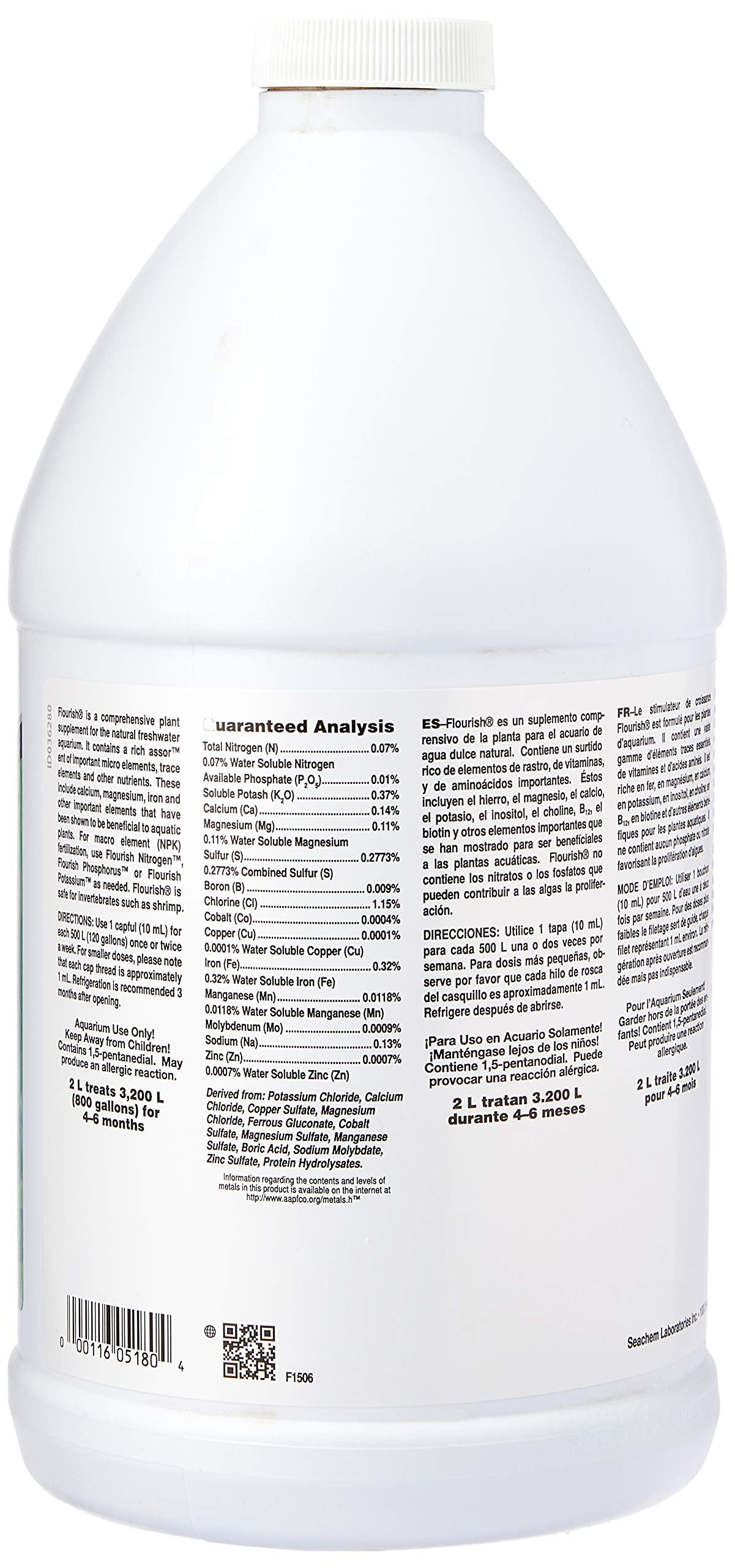 Seachem Flourish label close-up highlights essential trace elements for vibrant aquarium flora.
