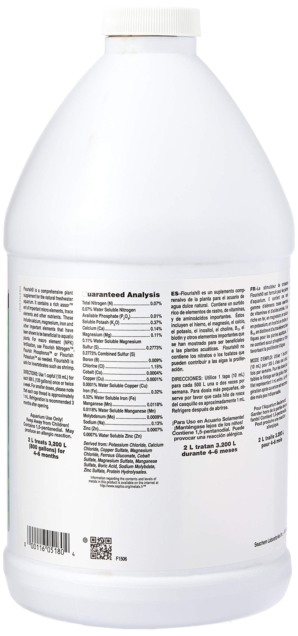 Seachem Flourish label close-up highlights essential trace elements for vibrant aquarium flora.