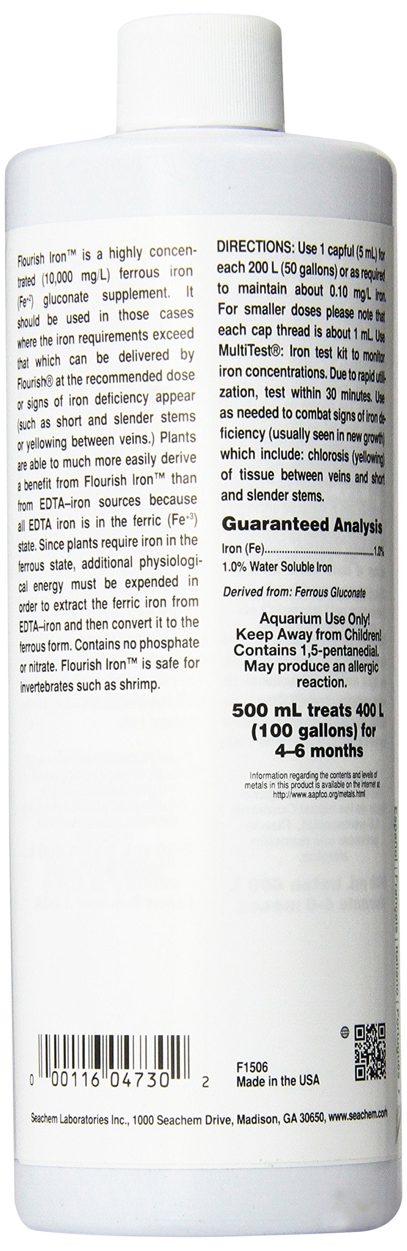 Seachem Flourish Iron label detail highlighting product purpose for planted tanks.