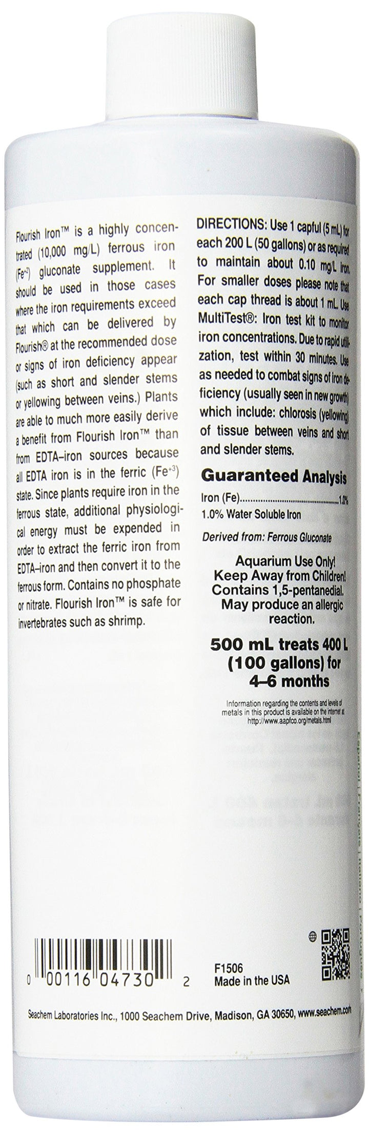 Seachem Flourish Iron label detail highlighting product purpose for planted tanks.