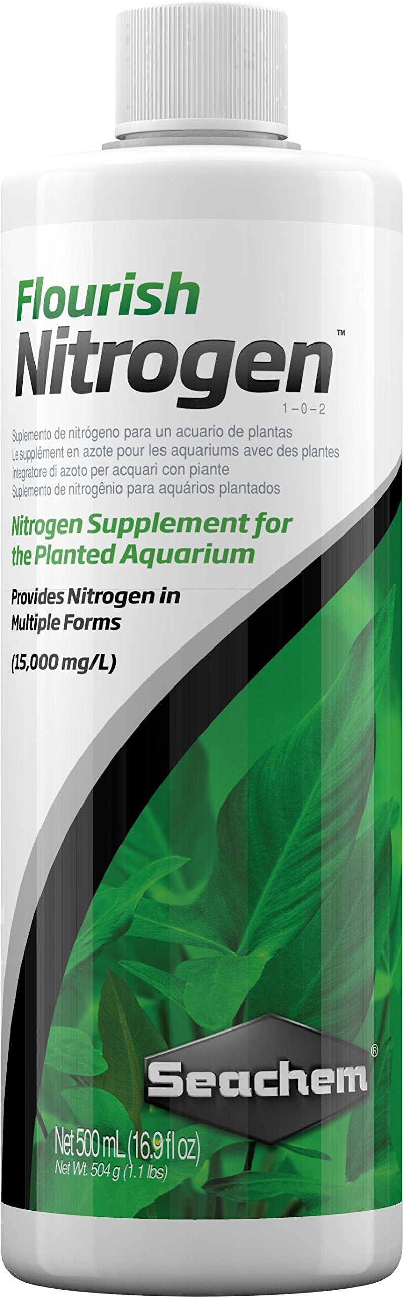 Seachem Flourish Nitrogen bottle label close-up for plant nutrition in aquariums.