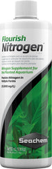 Seachem Flourish Nitrogen bottle label close-up for plant nutrition in aquariums.
