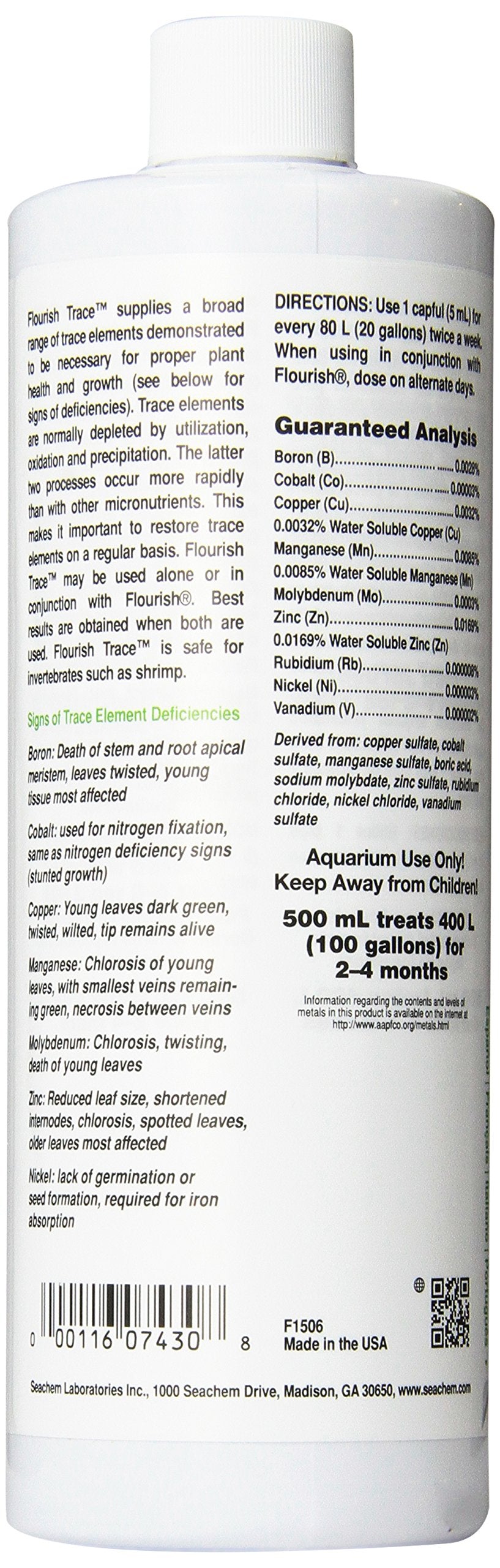 Closeup of Seachem Flourish Trace Elements label highlights trace nutrients.