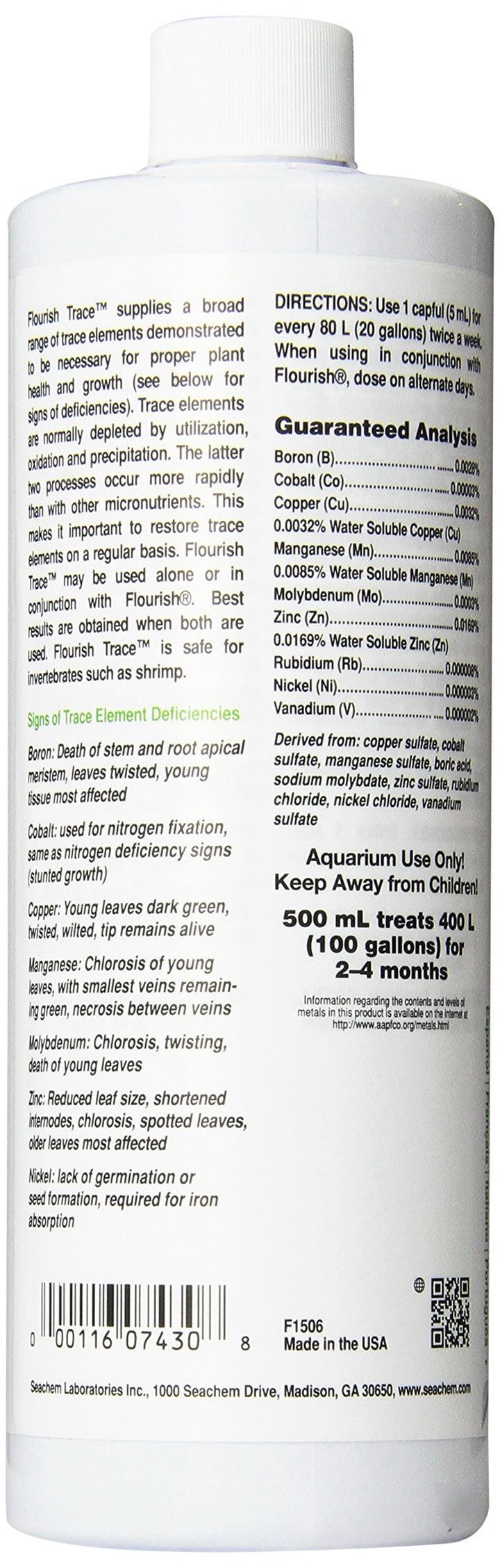 Closeup of Seachem Flourish Trace Elements label highlights trace nutrients.