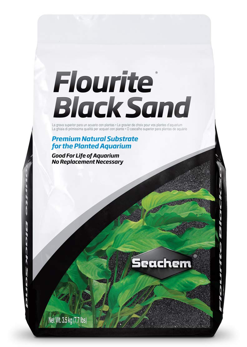 Seachem Fluorite Black Sand Substrate packaging, premium natural base for lush planted aquariums.