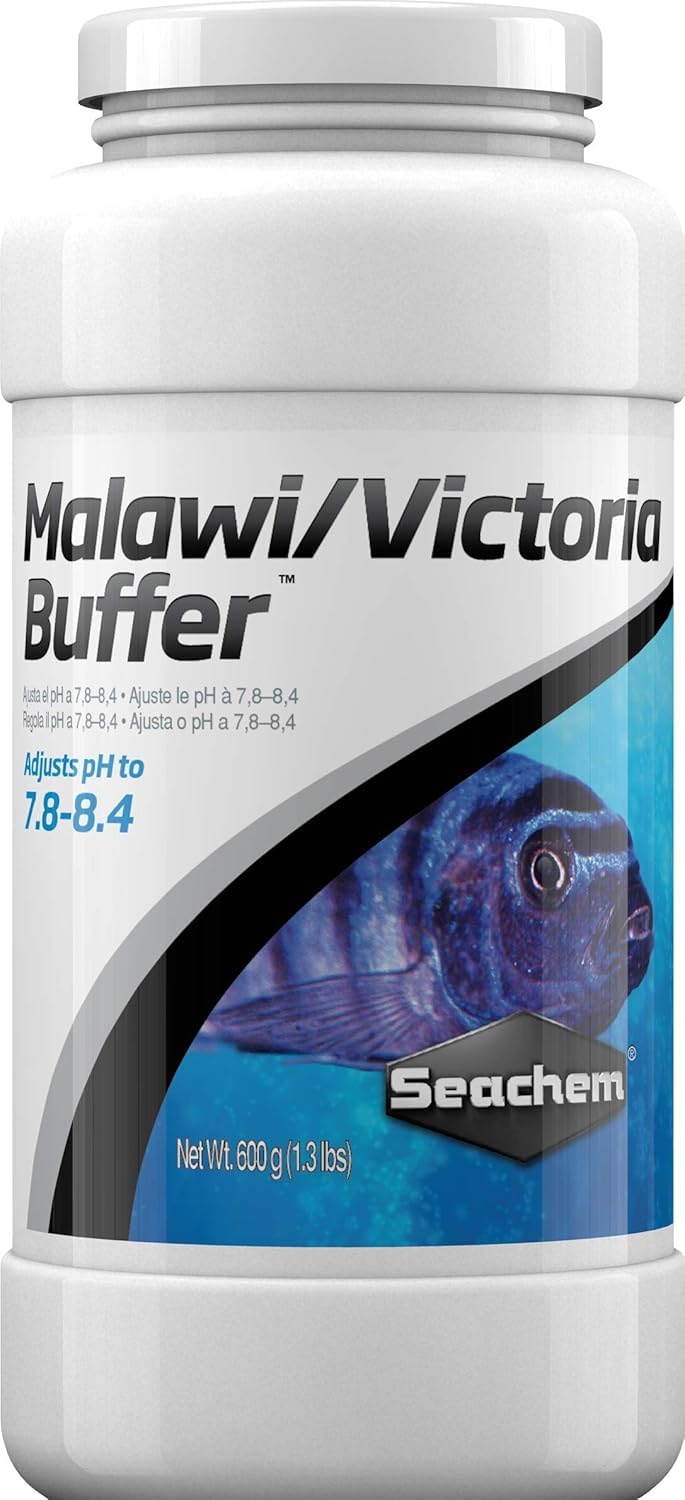 Seachem Malawi/Victoria Buffer 600g bottle helps stabilize hardness and pH for cichlids.