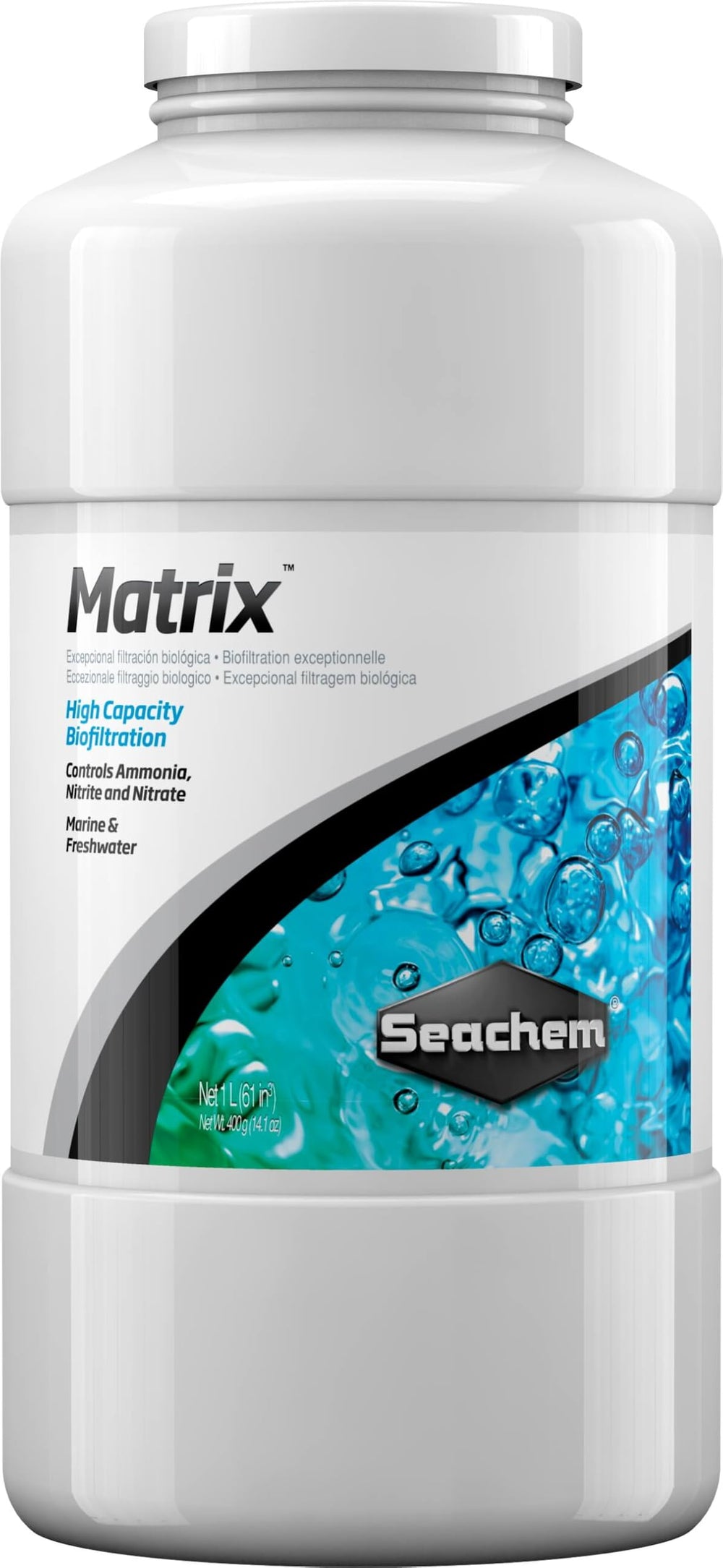 Seachem Matrix Bio Media 1-Liter container enhances biological filtration for tanks