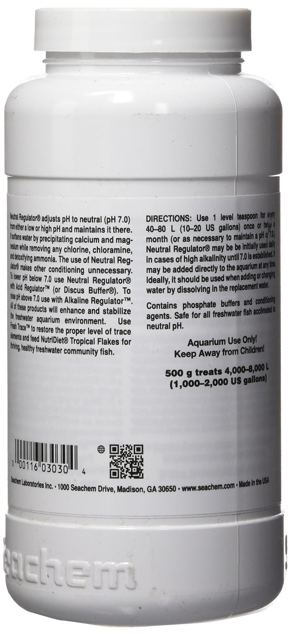 Seachem Neutral Regulator label closeup showing dosing information