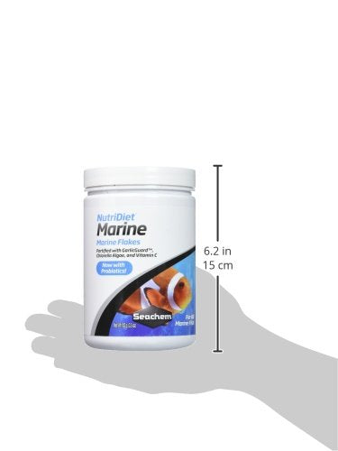 Seachem Nutridiet Marine Flakes pack label highlights premium, balanced nutrition for marine fish
