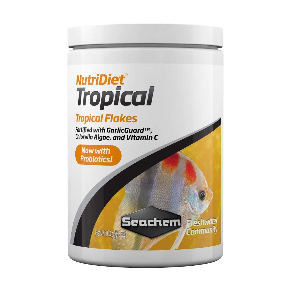 Seachem NutriDiet Tropical Flakes jar; improved palatability with GarlicGuard for picky eaters.