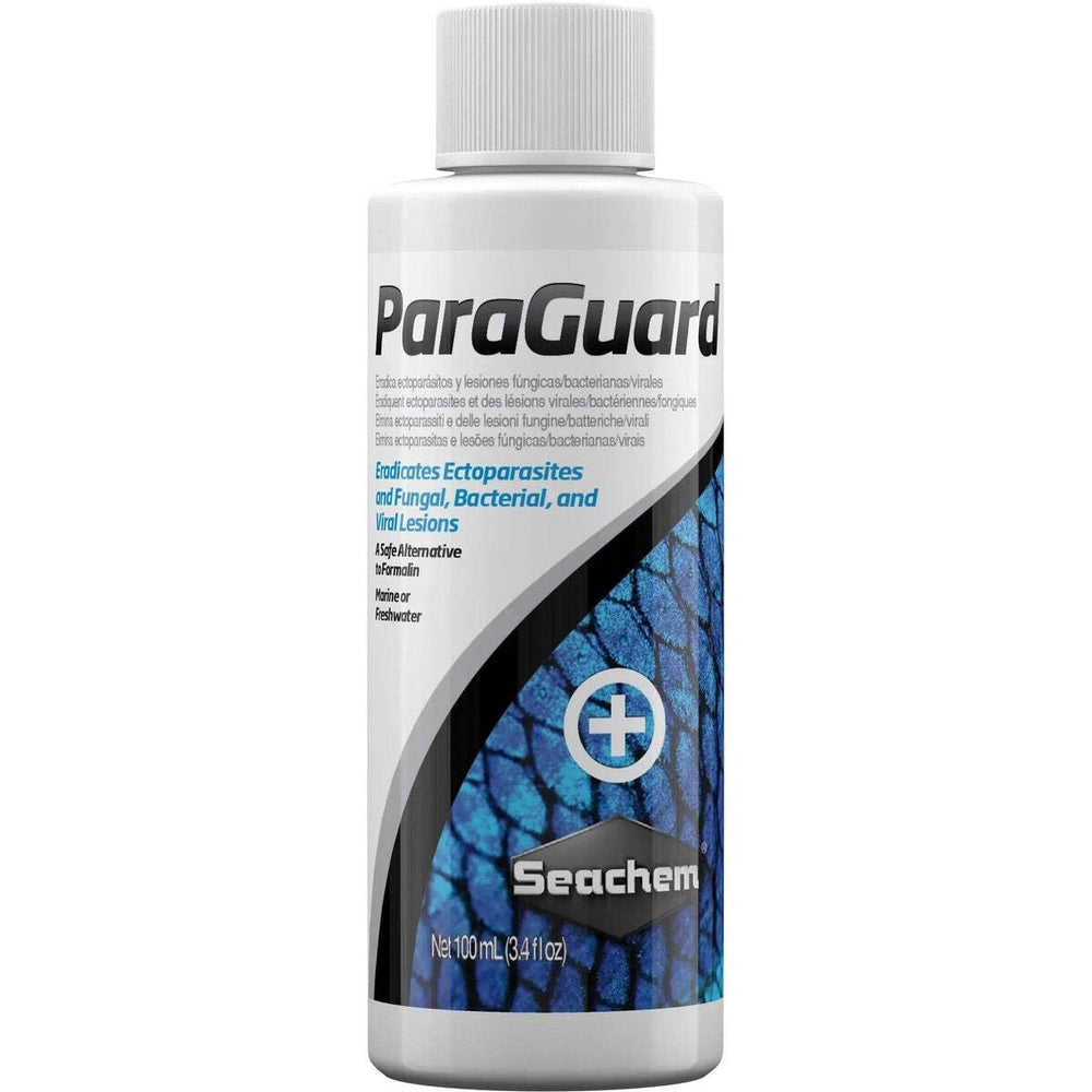 Seachem Paraguard bottle label with usage notes for safe tank treatment
