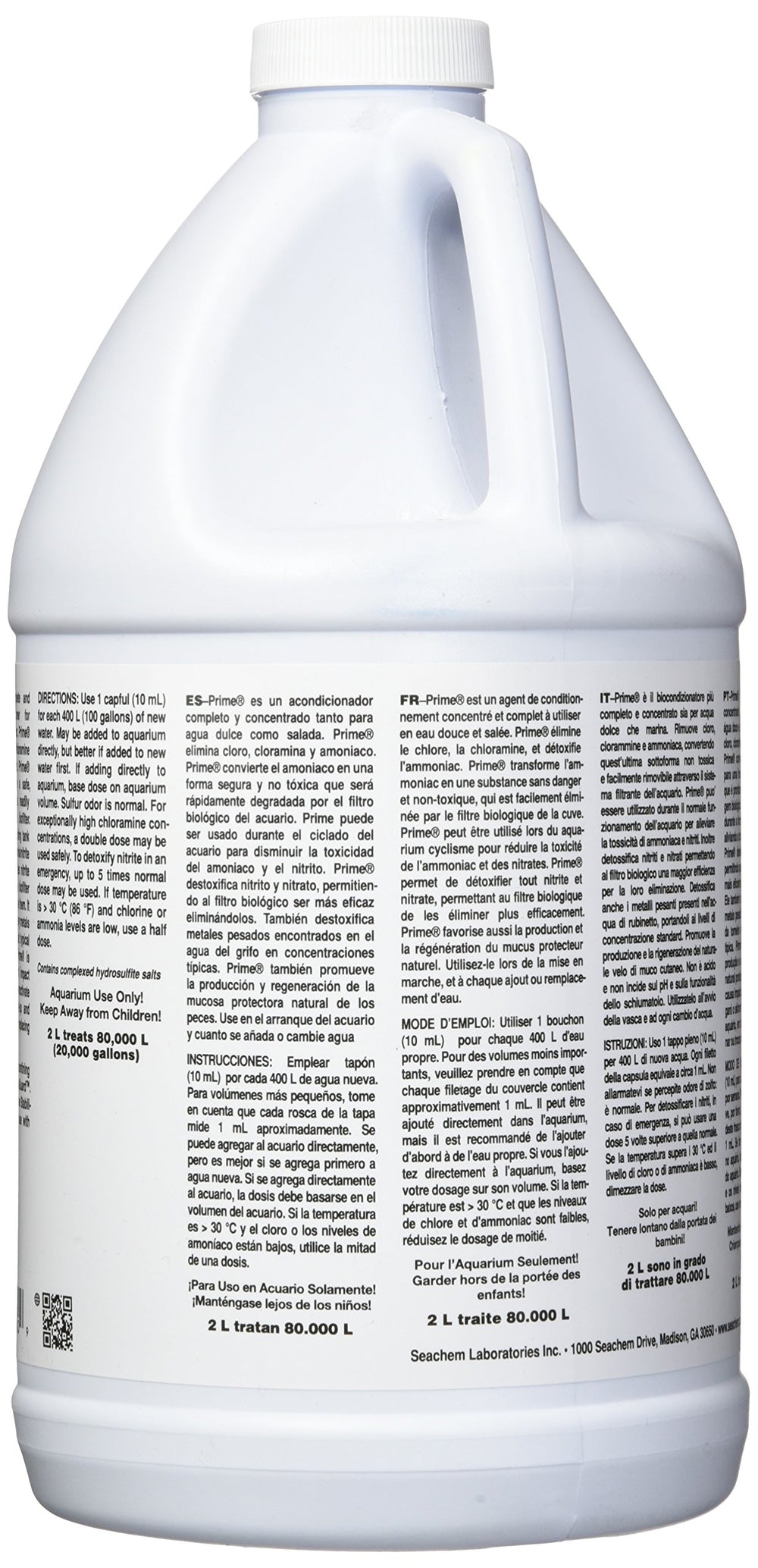 Seachem Prime label closeup, highlighting chlorine and chloramine remover.