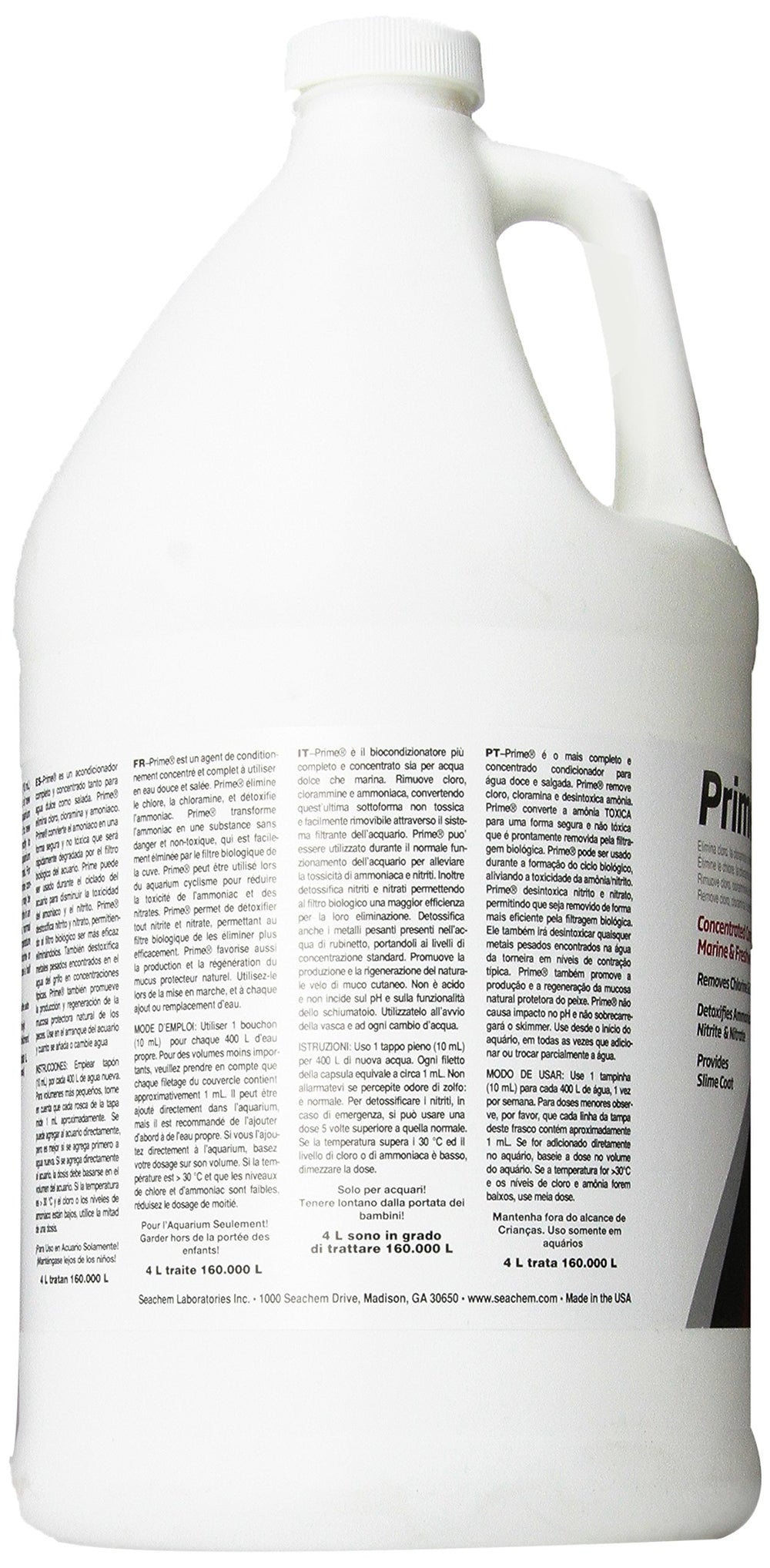 Seachem Prime label-details highlight detoxification of ammonia and metals in tap water.