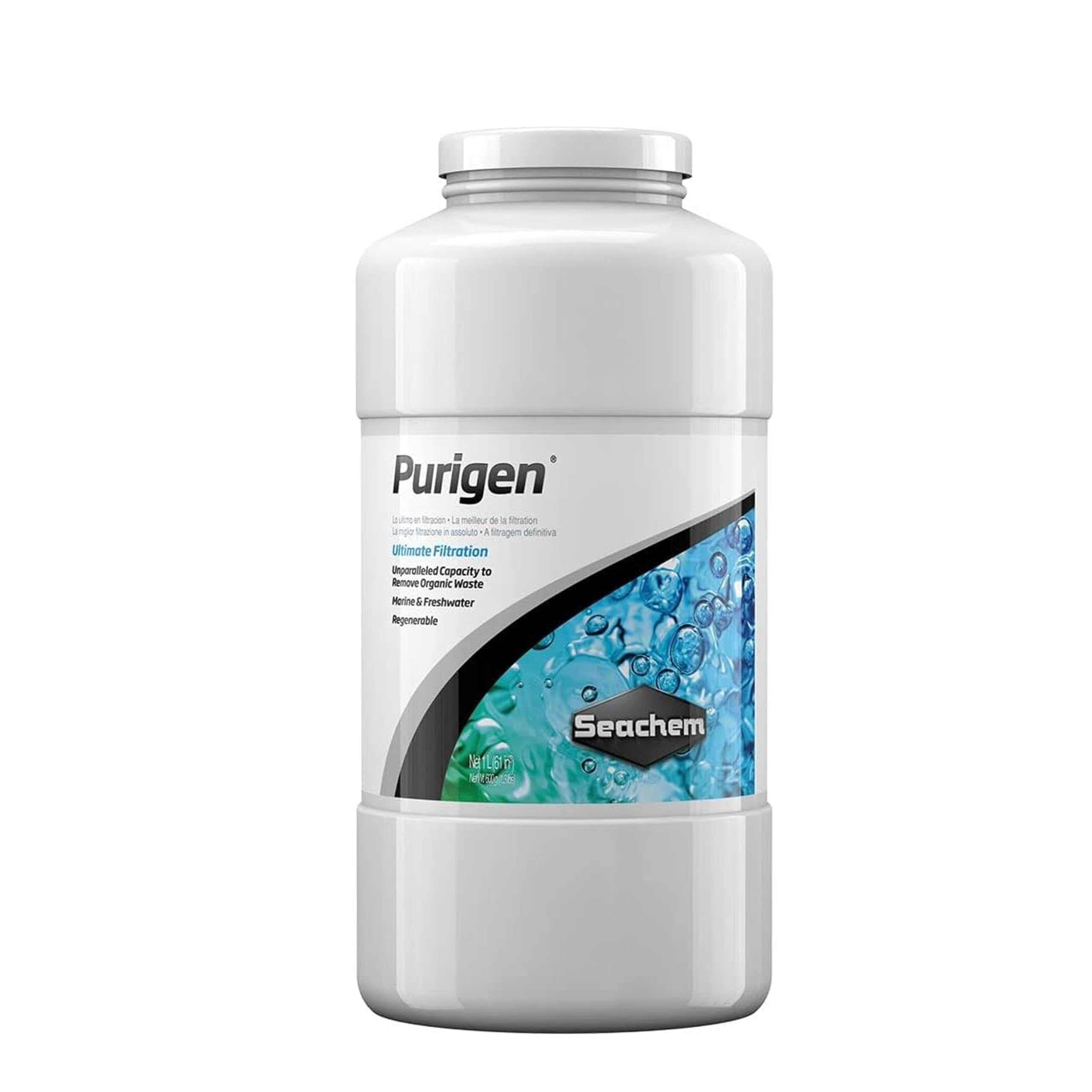 Seachem Purigen bottle with organic filtration resin improves water clarity in freshwater and saltwater tanks