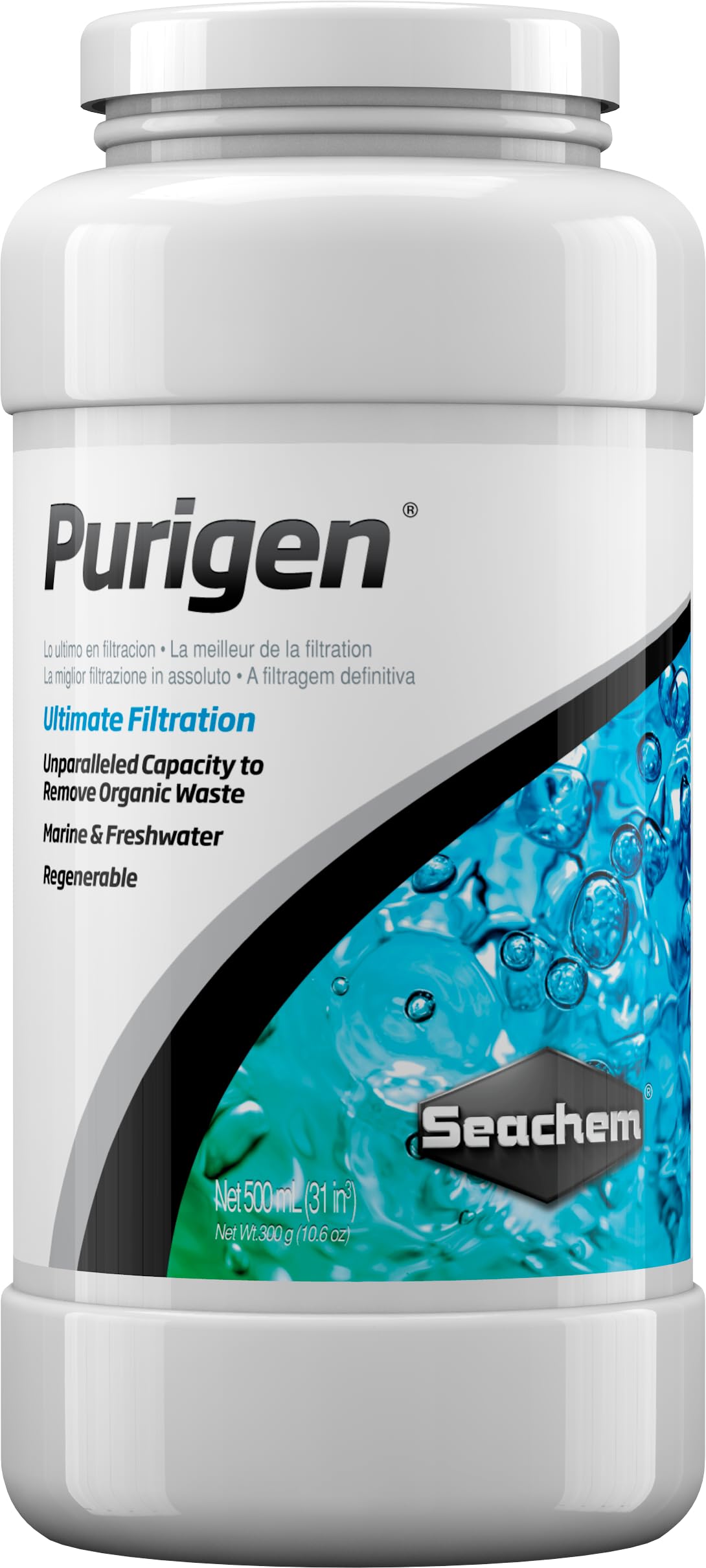 Seachem Purigen resin beads in bottle for stronger filtration in aquariums.