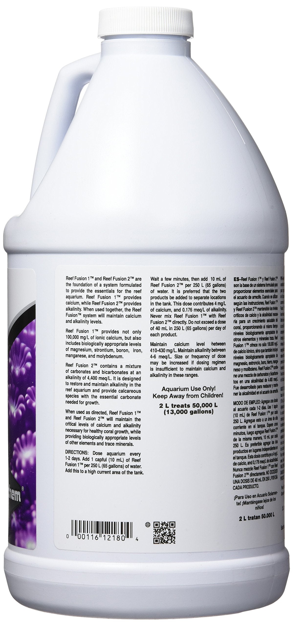 Close-up of Seachem Reef Fusion 2 label showing carbonate blend for alkalinity support.