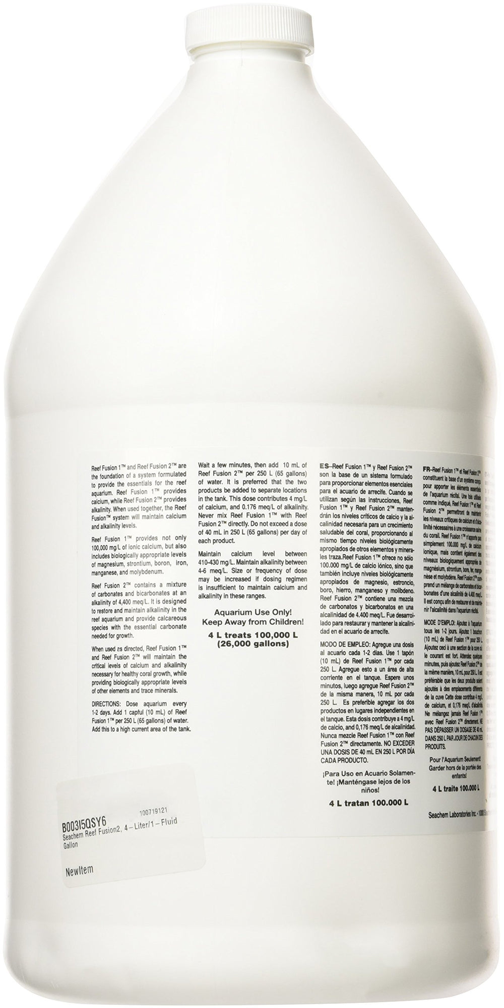 Seachem Reef Fusion alkalinity bottle highlighting alkalinity restoration and reef stability.