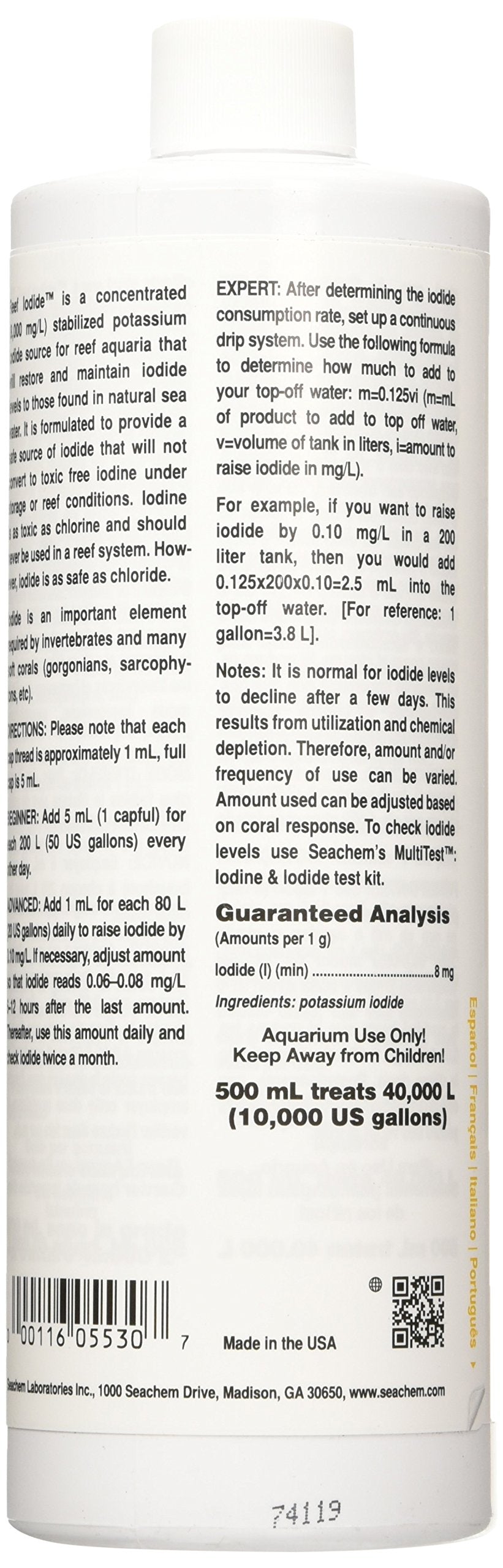 Seachem Reef Iodide label closeup highlights stabilized iodide for safe supplementation.