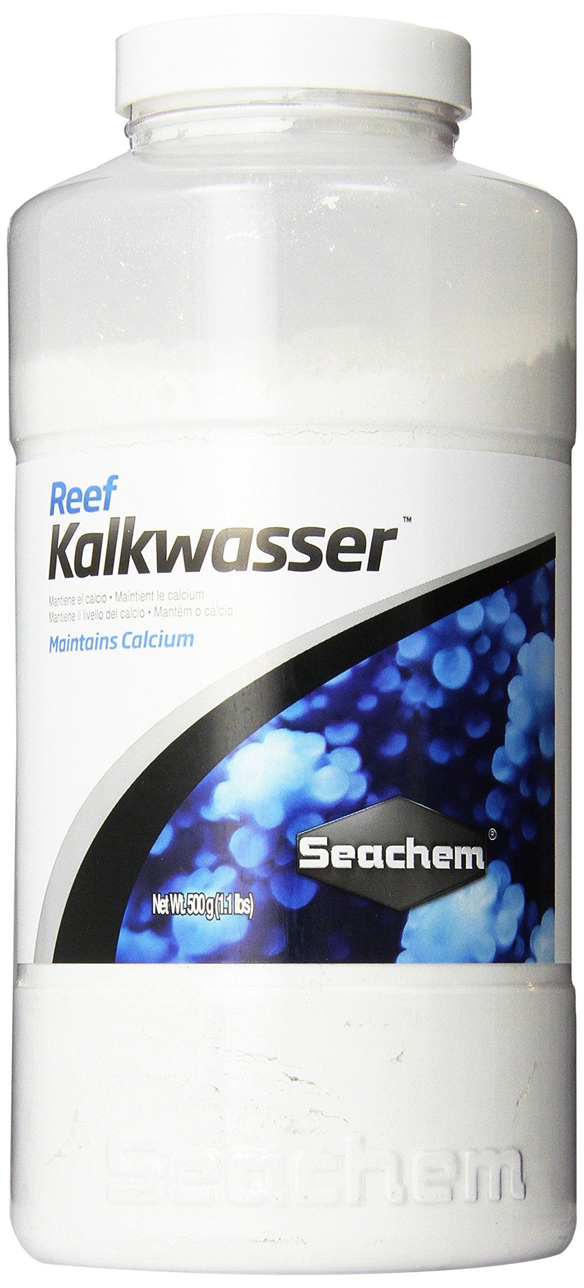 Seachem Reef Kalkwasser bottle showing pure calcium hydroxide for reef calcium maintenance.