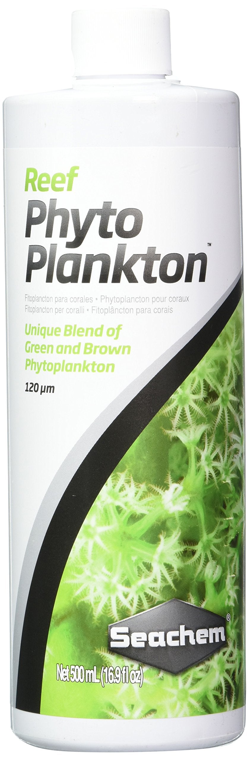 Seachem Reef Phytoplankton bottle label ready for reef tank dosing.