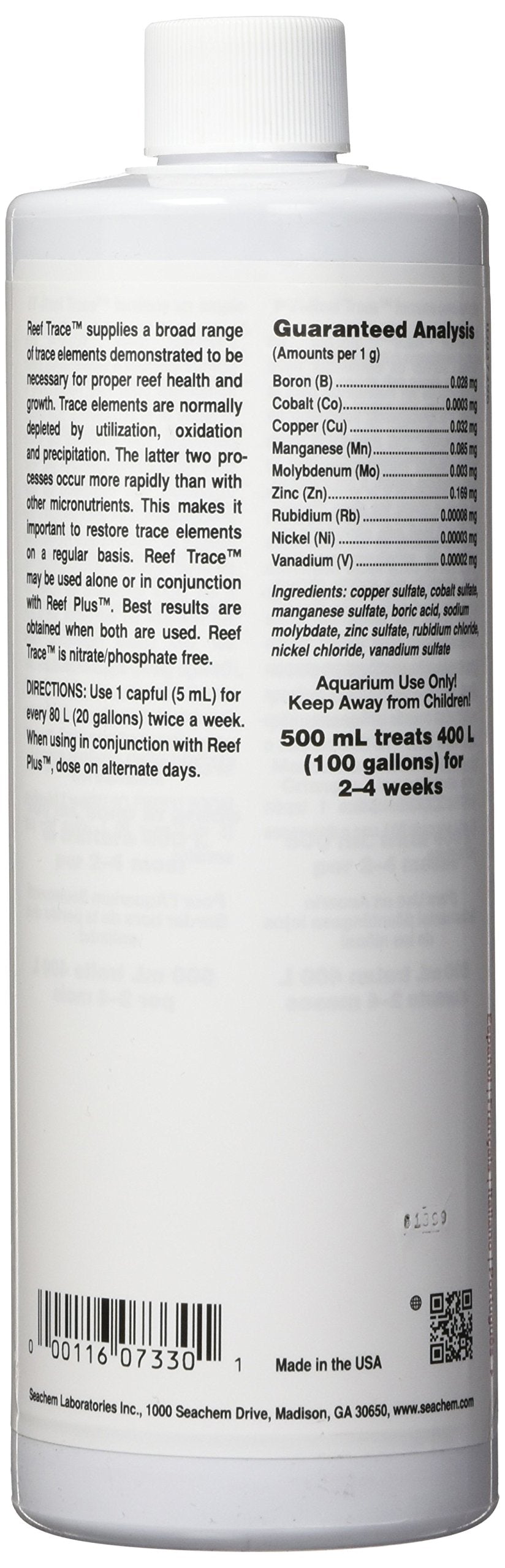 Seachem Reef Trace Elements bottle label clearly lists dosing ingredients