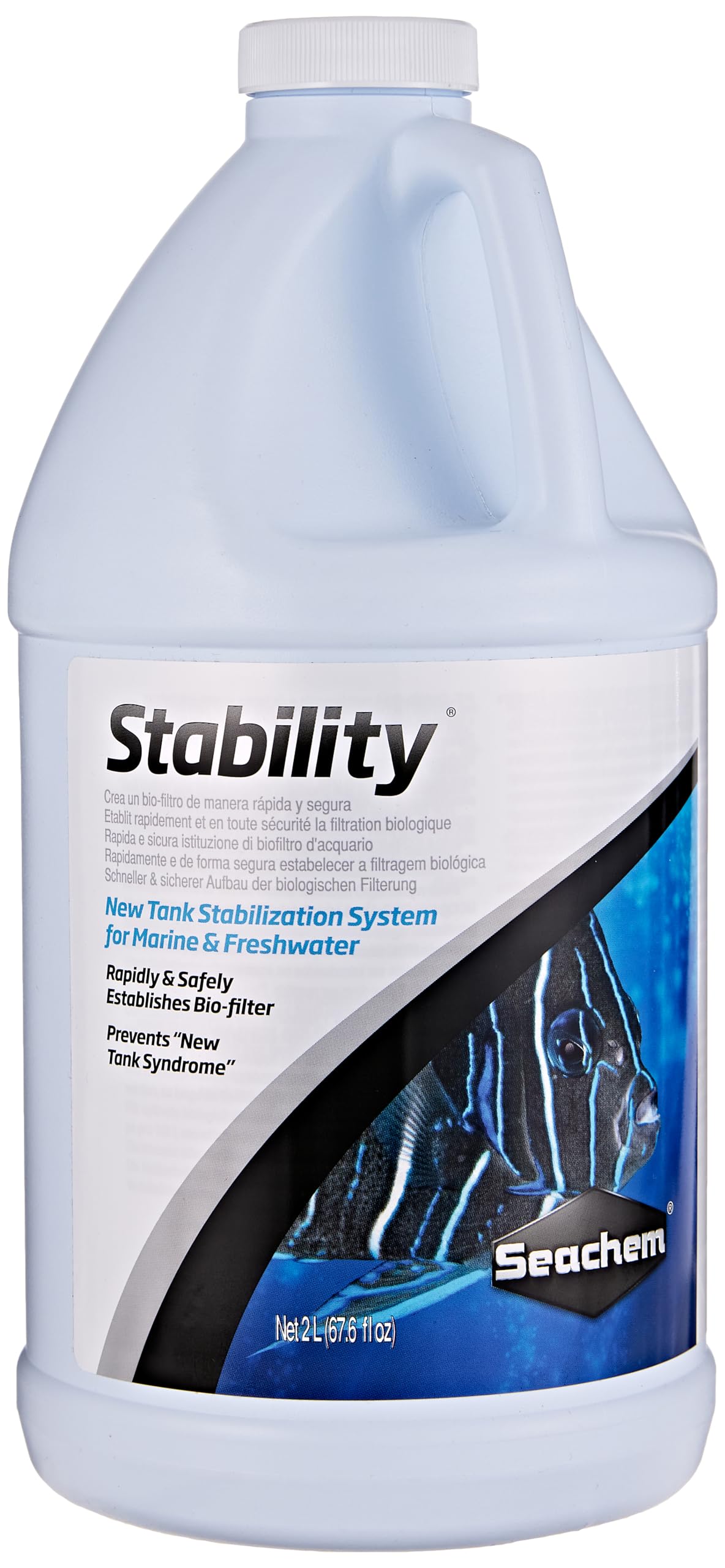 Seachem Stability bottle close-up supports rapid bio-filter establishment in fresh and saltwater aquariums