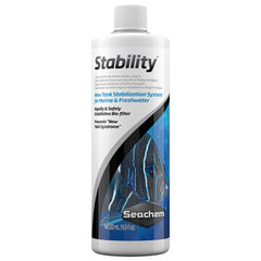 Seachem Stability bottle pour shows quick tank setup support for freshwater and saltwater aquariums.