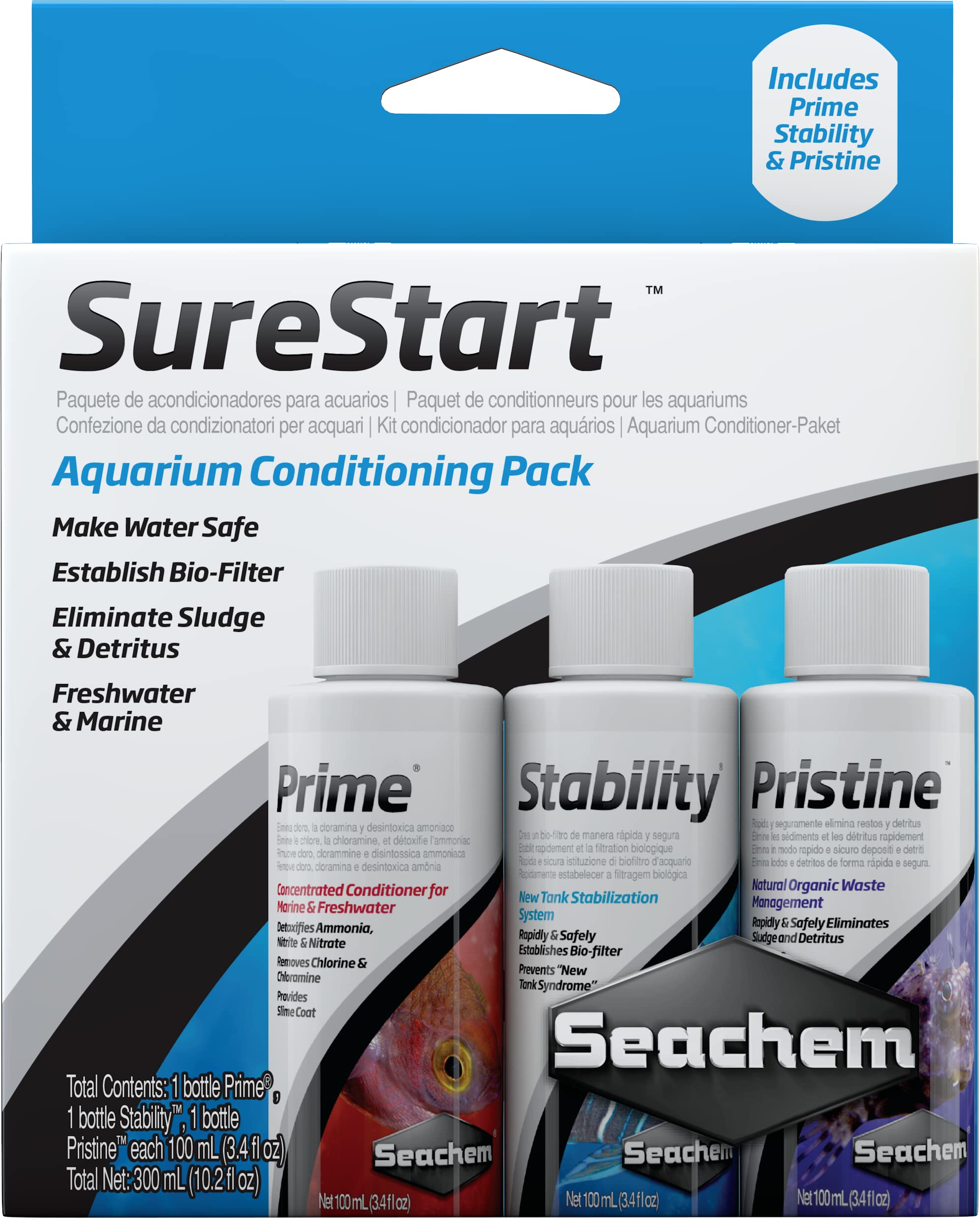 Seachem SureStart Prime-Stability-Pristine bottles support aquarium setup and water conditioning