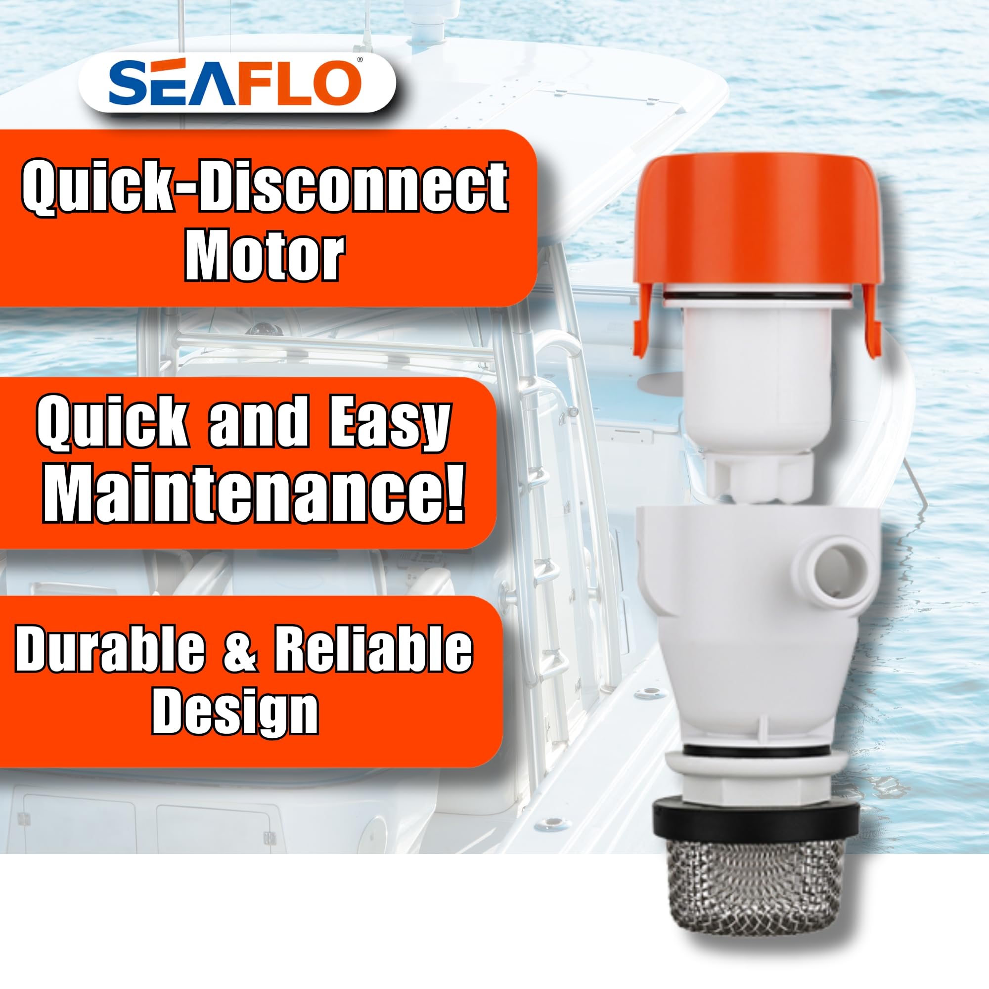 SEAFLO marine-grade blocked wiring shown, resists corrosion in seas.
