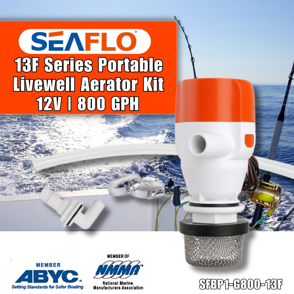SEAFLO 12V motor assembly shown, reliable flow for livewell aeration.