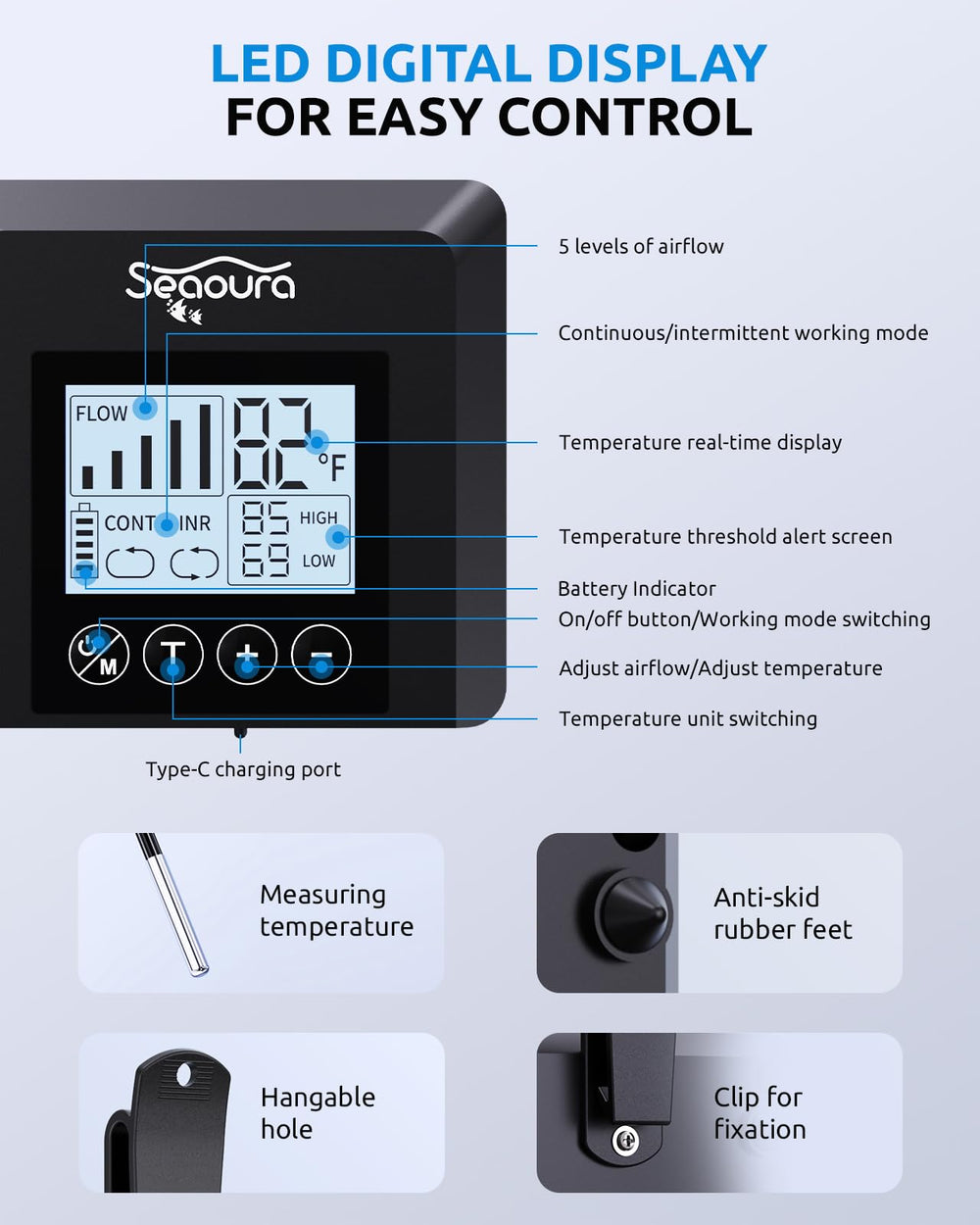 SEAOURA air pump with digital display showing real-time temperature.