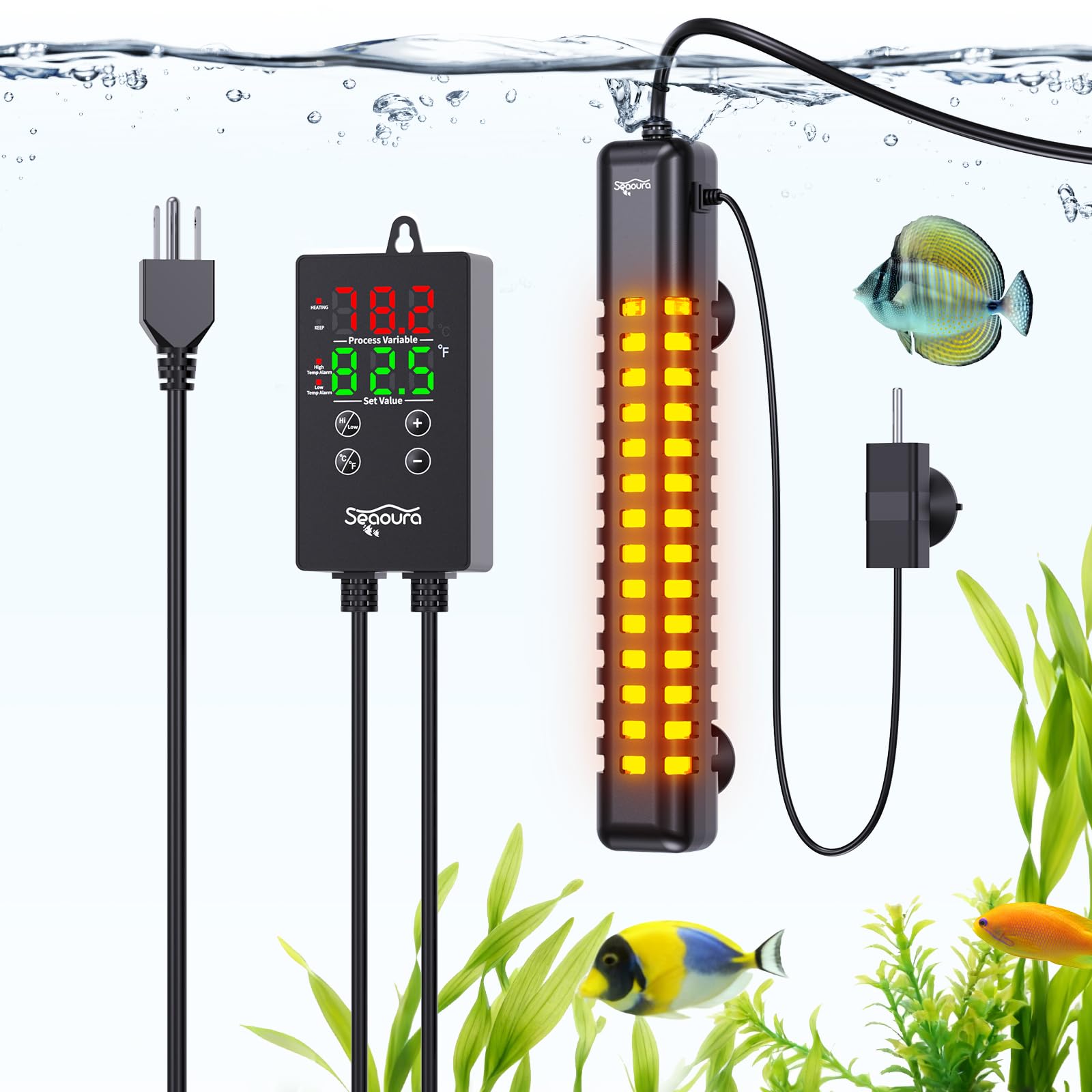 SEAOURA aquarium heater 200W in-tank view highlighting compact submersible design.