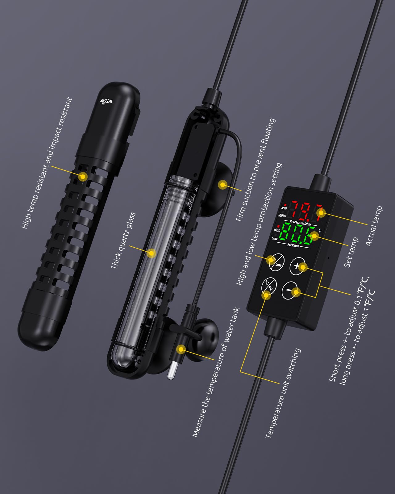 Seaoura submersible heater close-up reveals safety-ready quartz construction.