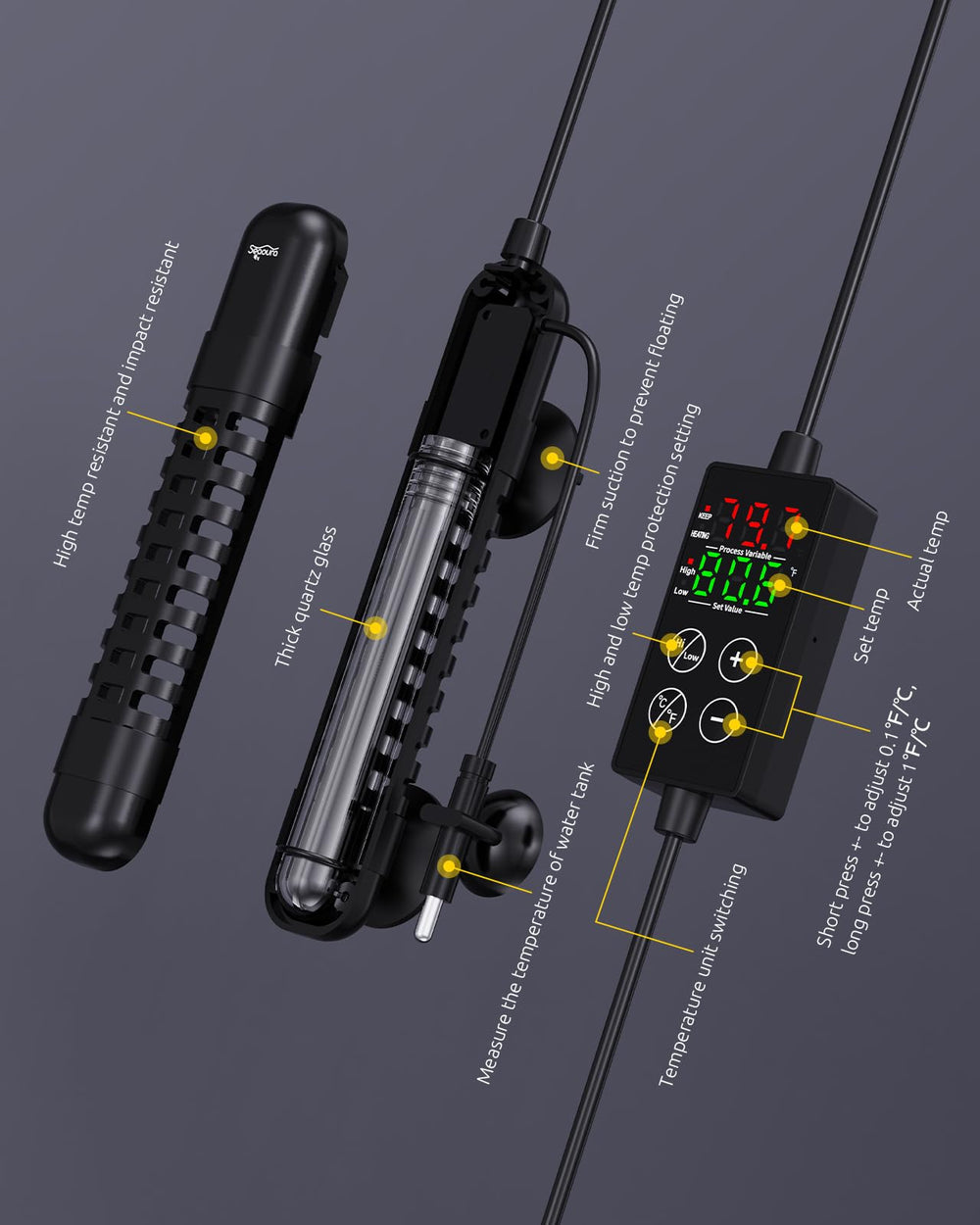 Seaoura submersible heater close-up reveals safety-ready quartz construction.