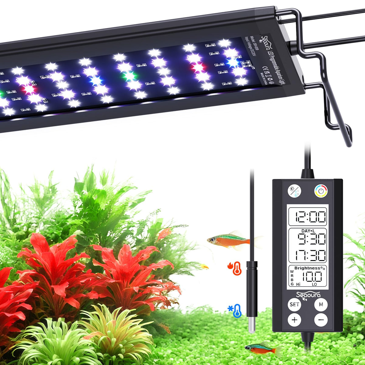 Seaoura aquarium light shows real-time temperature readings for tank monitoring